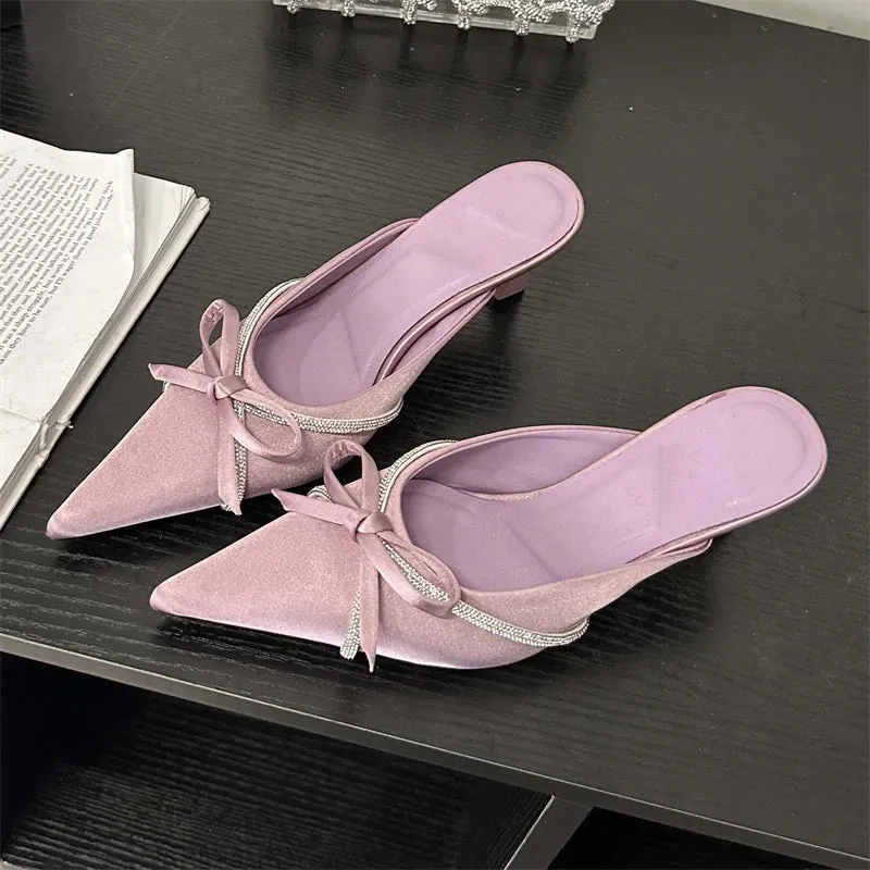 Butterfly-knot Crystal Strap Low Heels Mule Shoes