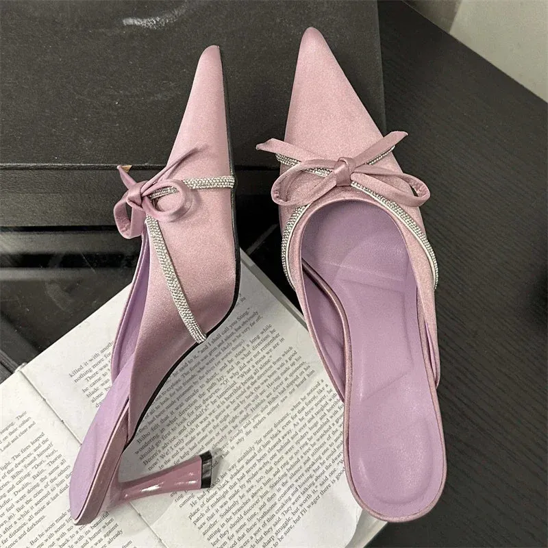 Butterfly-knot Crystal Strap Low Heels Mule Shoes