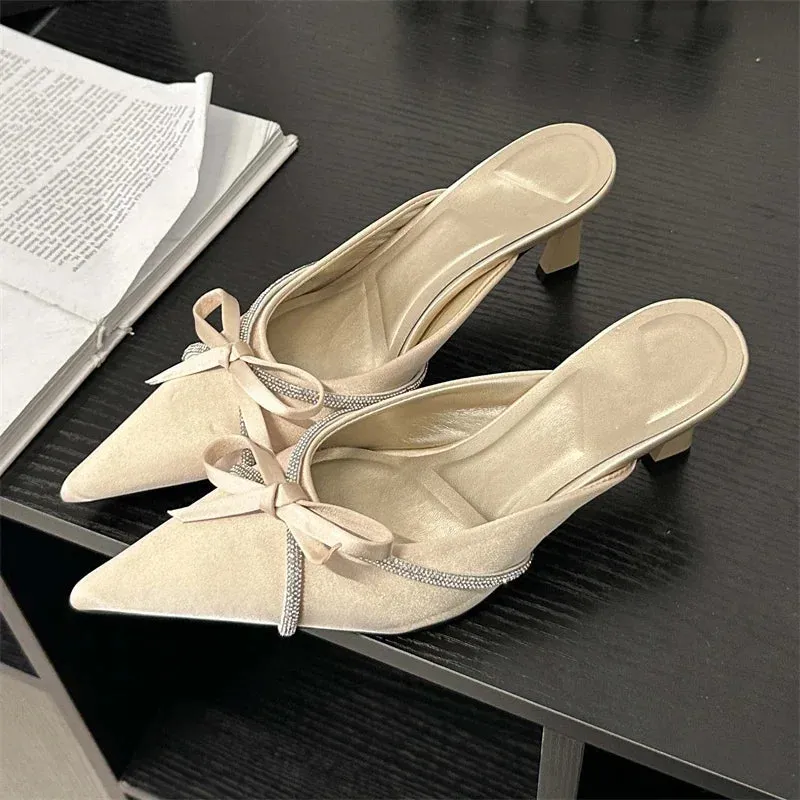 Butterfly-knot Crystal Strap Low Heels Mule Shoes
