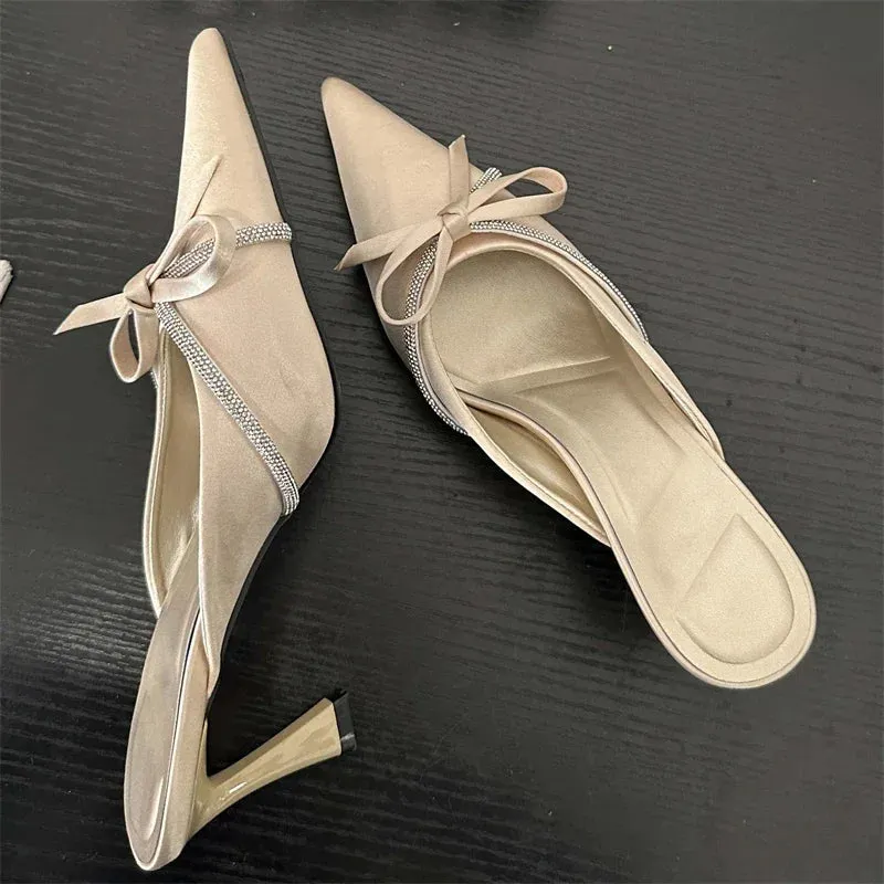 Butterfly-knot Crystal Strap Low Heels Mule Shoes