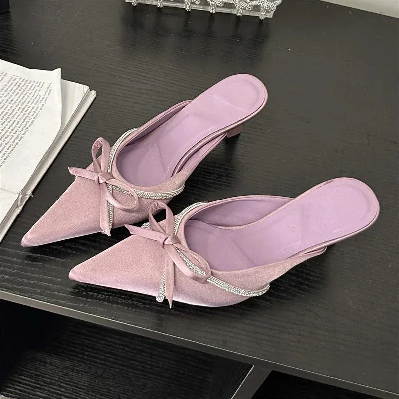 Butterfly-knot Crystal Strap Low Heels Mule Shoes