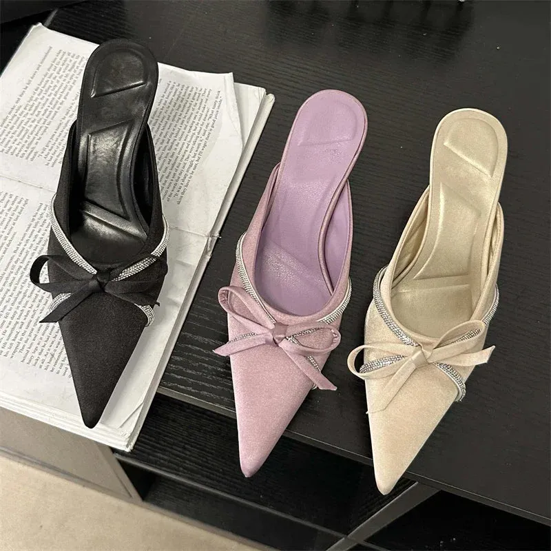 Butterfly-knot Crystal Strap Low Heels Mule Shoes