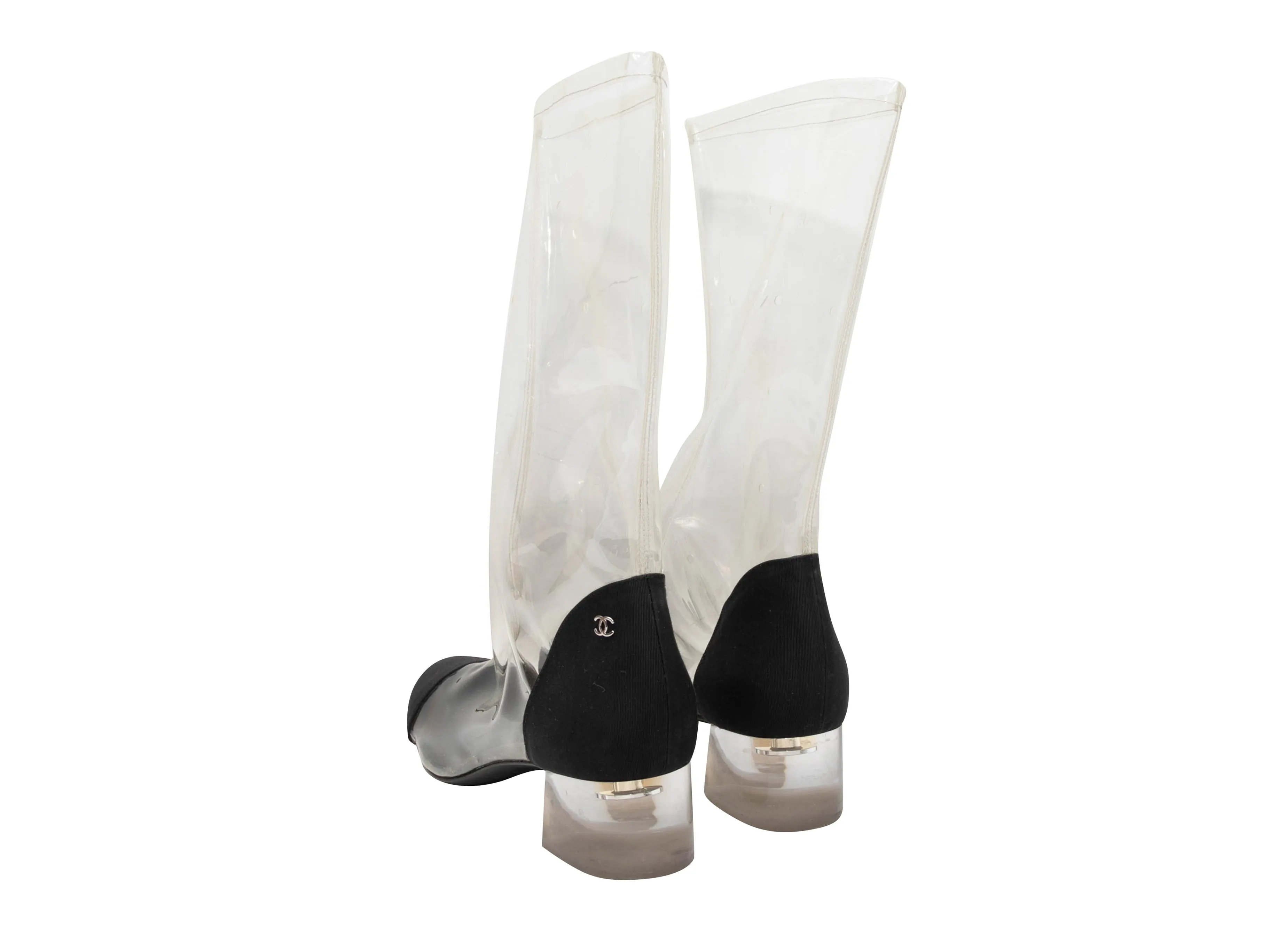 Clear & Black Chanel PVC & Grosgrain Cap-Toe Boots Size 39