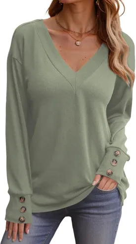 Dokotoo Women's Casual Long Sleeve V Neck Pullover Shirts Loose Fit Lightweight Knit Tops