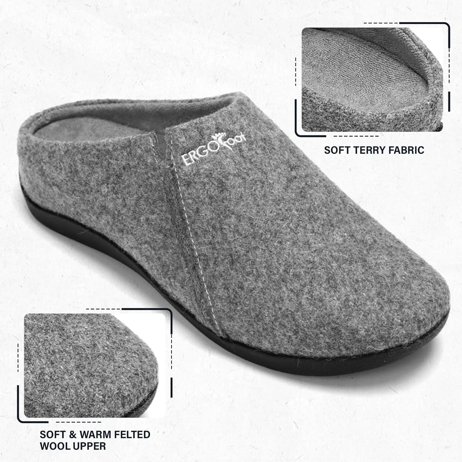 ERGOfoot House Slippers With Arch Support, Orthopedic Slipper for Plantar Fasciitis Pain Relief, Comfy Wool Felt Clog Shoes for Women and Men with Non-Slip Indoor Outdoor
