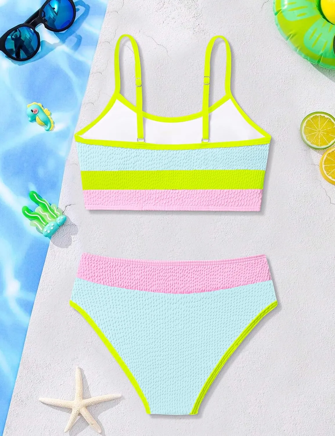Girls Bathing Suit Color-Block Adjustable Straps Bikini Sets Girls Two Piece Swimsuits with Chest Pad Swimwear 7-18T