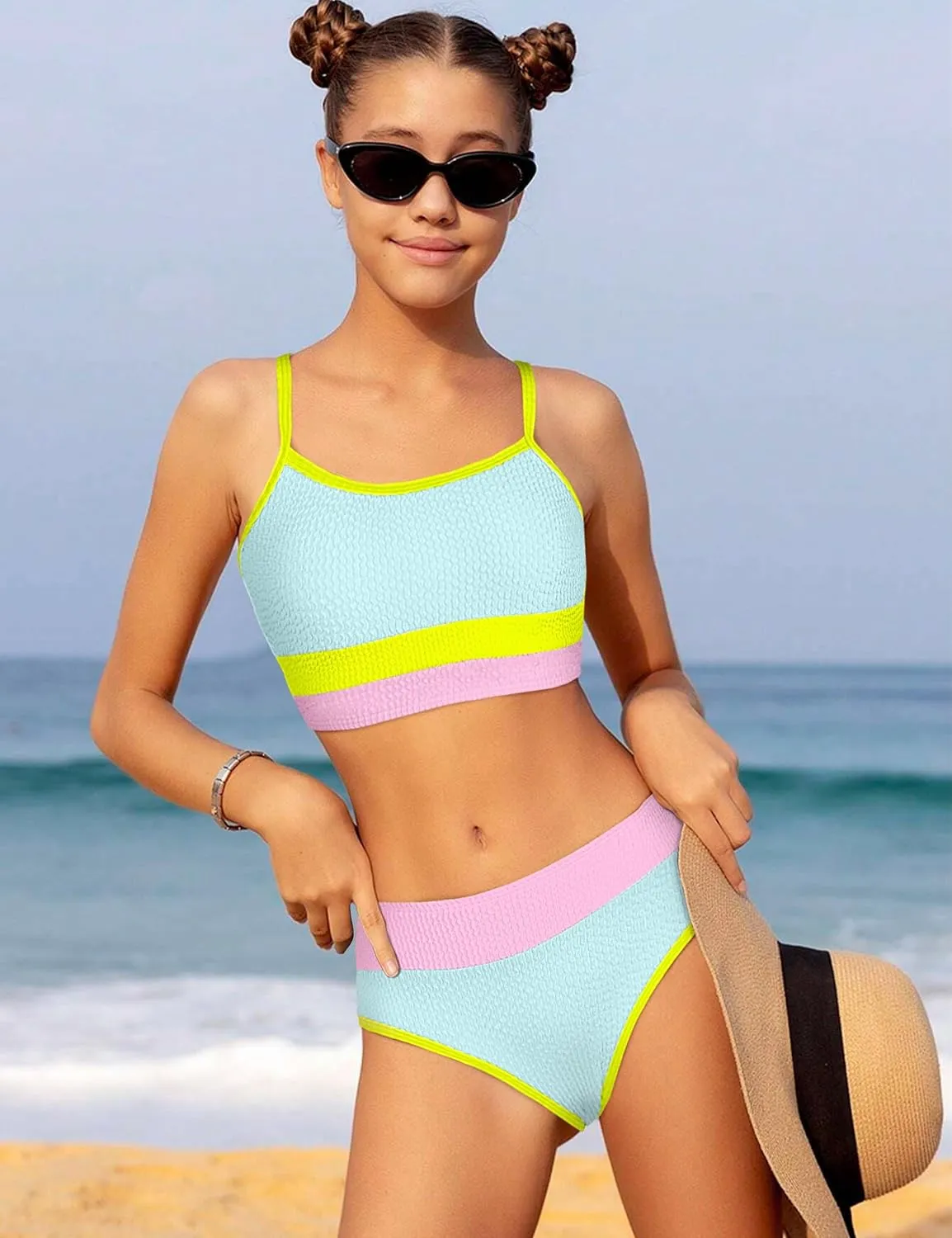 Girls Bathing Suit Color-Block Adjustable Straps Bikini Sets Girls Two Piece Swimsuits with Chest Pad Swimwear 7-18T