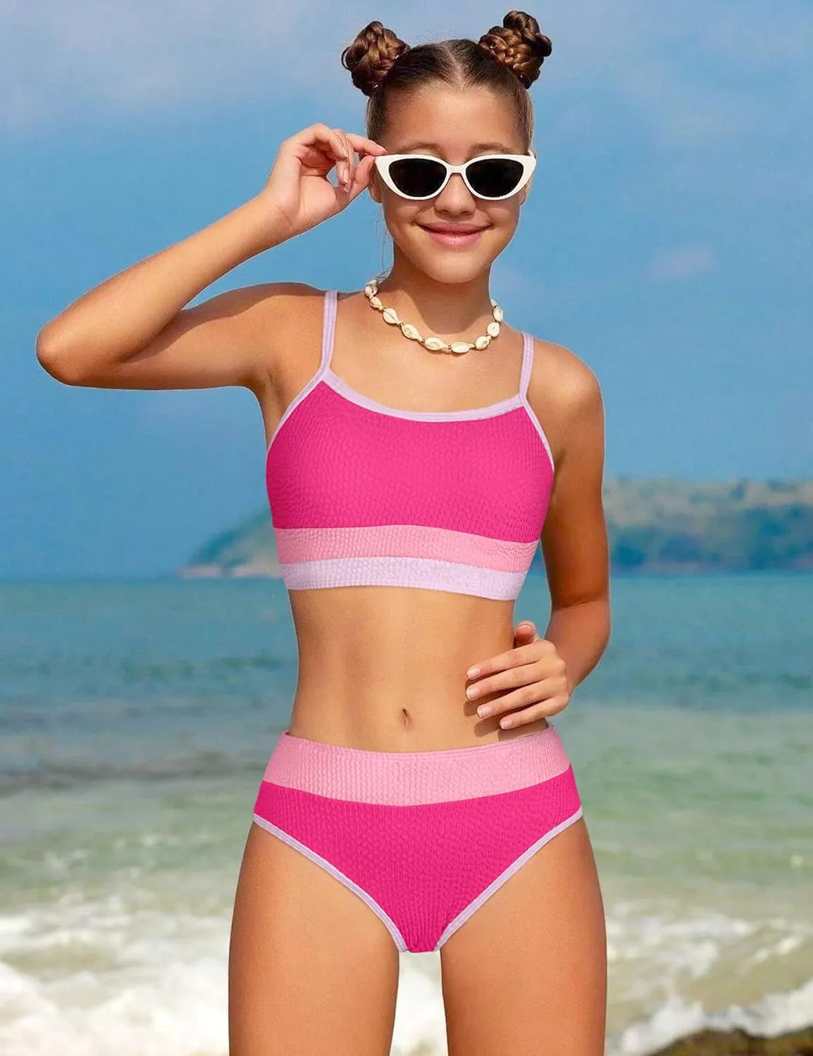 Girls Bathing Suit Color-Block Adjustable Straps Bikini Sets Girls Two Piece Swimsuits with Chest Pad Swimwear 7-18T