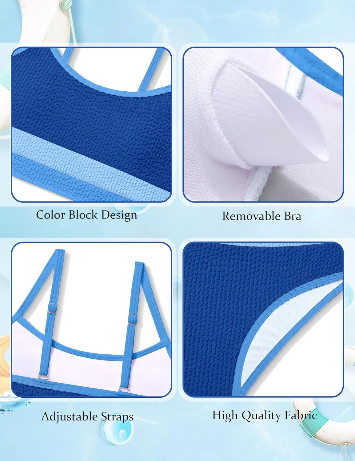 Girls Bathing Suit Color-Block Adjustable Straps Bikini Sets Girls Two Piece Swimsuits with Chest Pad Swimwear 7-18T