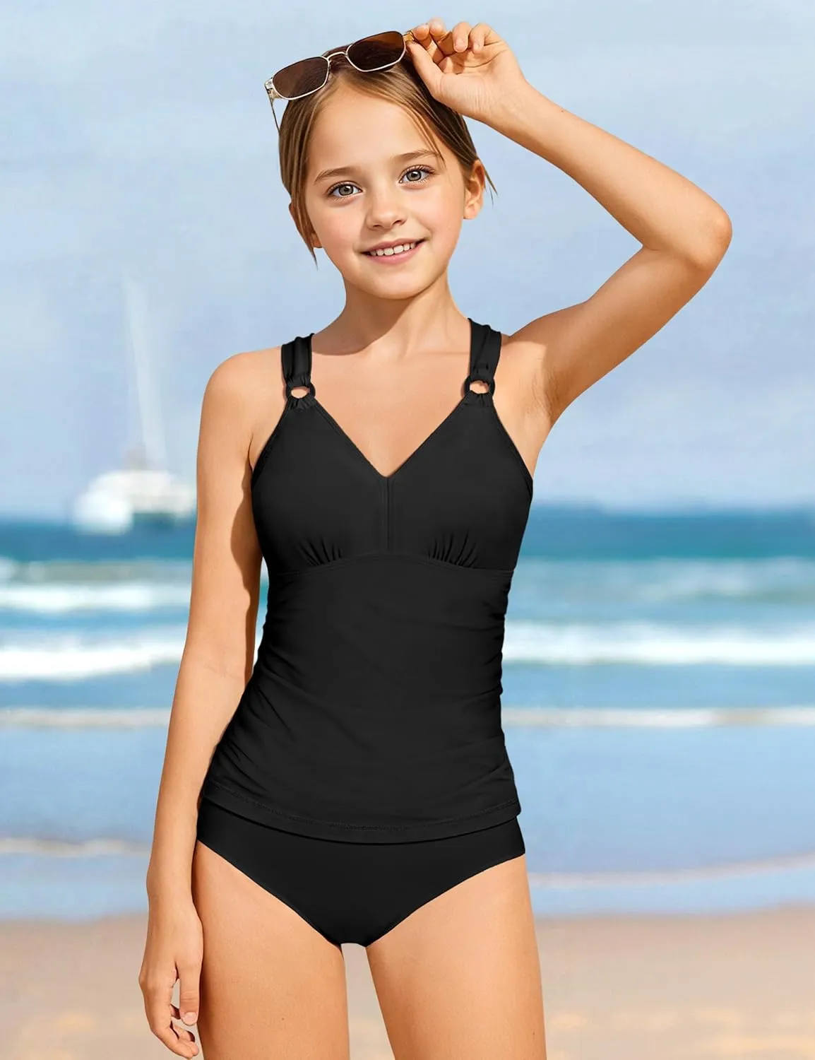Girls Swimsuits Two Piece V Neck Crisscross Adjustable Back Tie Tankini Swimsuit Ruched Girls Bathing Suits 9-16Y