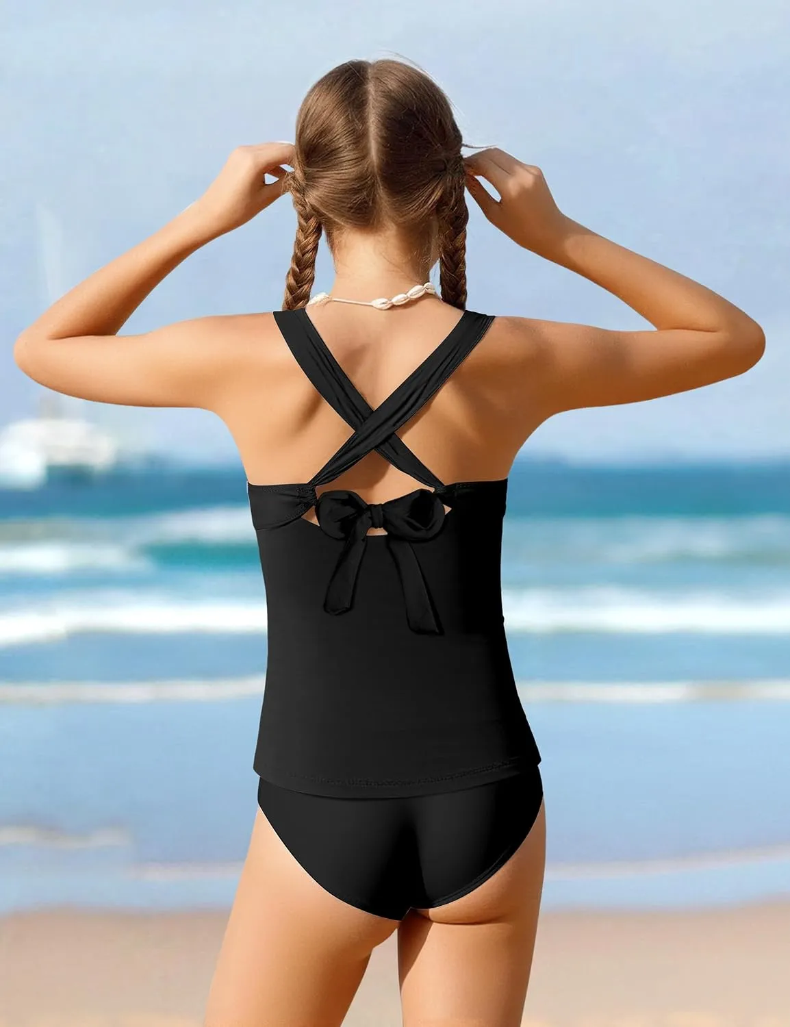 Girls Swimsuits Two Piece V Neck Crisscross Adjustable Back Tie Tankini Swimsuit Ruched Girls Bathing Suits 9-16Y