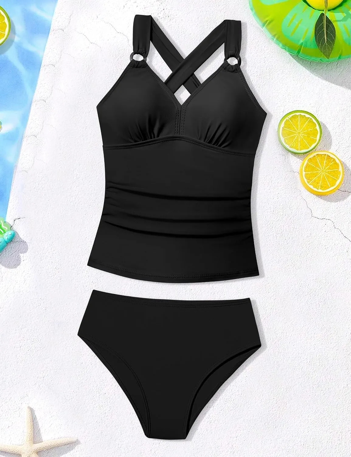 Girls Swimsuits Two Piece V Neck Crisscross Adjustable Back Tie Tankini Swimsuit Ruched Girls Bathing Suits 9-16Y