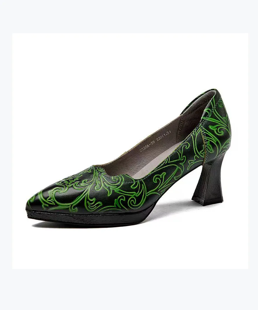 Retro Cowhide Leather Pointed Toe Embossed High Heels CZ1004