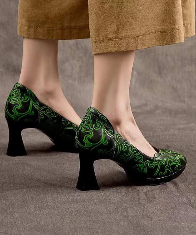 Retro Cowhide Leather Pointed Toe Embossed High Heels CZ1004