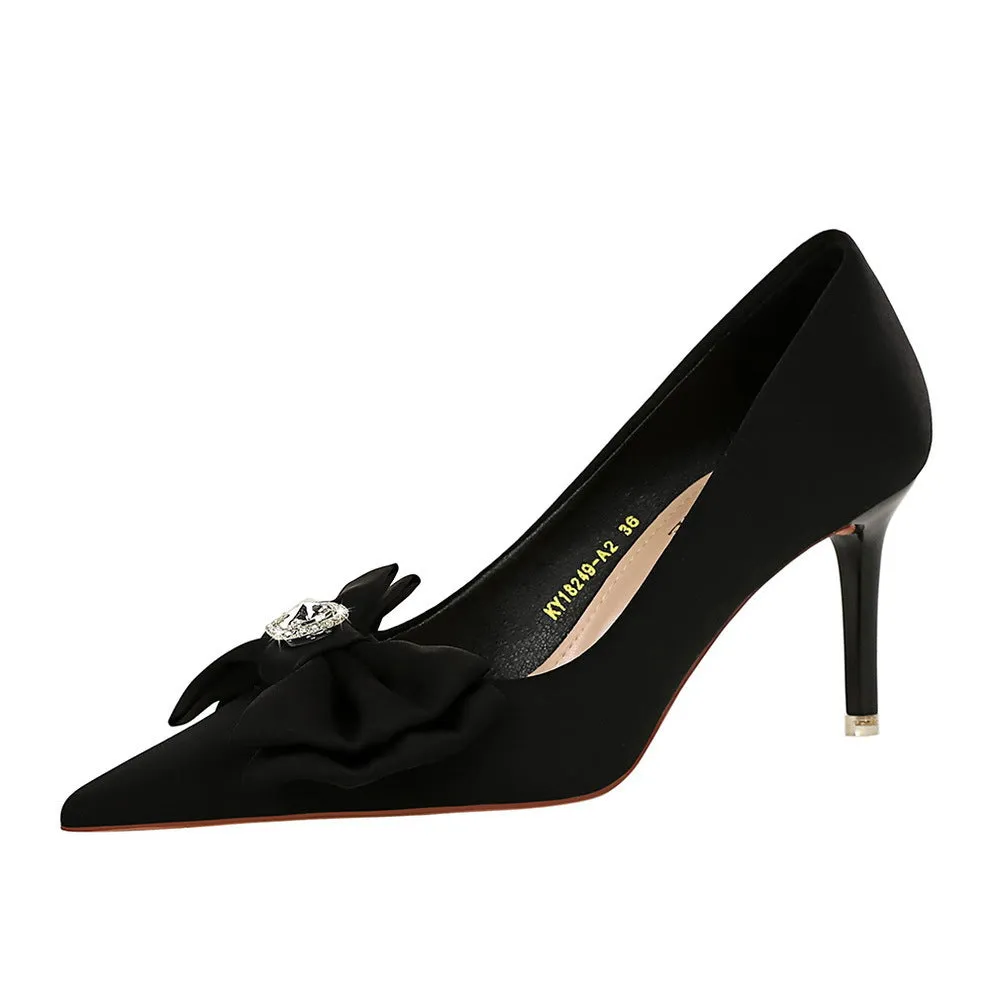 Shallow mouthed pointed satin bow high heels