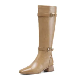 TinaCus Women's Square Toe Genuine Leather Handmade Zipper Chunky Heels Trendy Knee High Boots with Buckles
